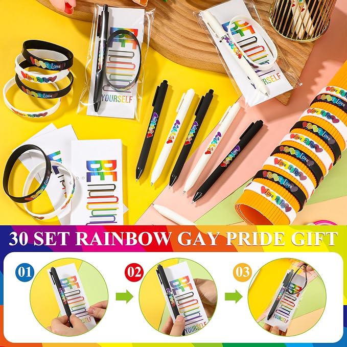 Spakon 30 Set Gay Pride Gifts Rainbow Silicone Wristband Bracelet LGBT Retractable Ballpoint Pen Black Ink Gift Cards with Twist Ties Pride Decorations for Parades Rainbow Festival Gay Pride Month