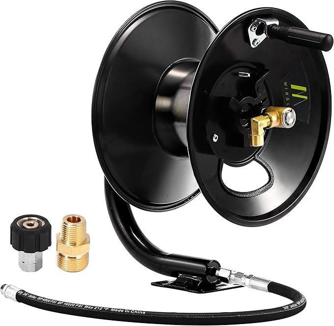 M MINGLE Pressure Washer Hose Reel 100ft x 3/8" / 150ft x 1/4", 4000 PSI | Heavy Duty Steel Hose Reel, Manual Crank Power Washer Hose Reel with Swivel Arm, 3/8" NPT Outlet Pipe