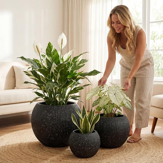 DTY Premium Mt Sherman Fiberstone Sphere Planter for Indoor Outdoor Use, Round Pot for Olive Tree, Lightweight, Smooth Finishes. 2 Coco Mats. Ribbed Black, Small 12.6" D x 10'' H. 8.5” Pot Opening