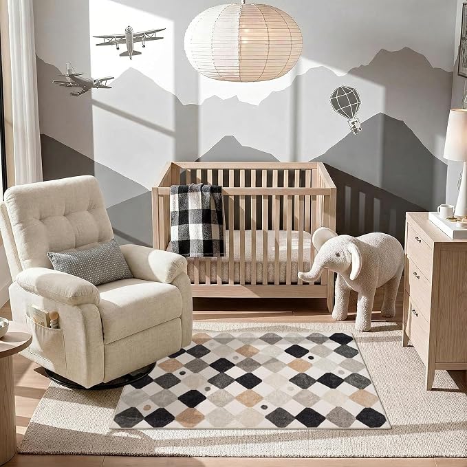 jinchan 3x5 Washable Playroom Rug for Kids Room Classroom Rug Marble | Soft, Non-Slip, Kid-Friendly, Checkered Diamond Design, Play Mat, Black White on Cream, Bedroom, Dorm, Daycare, Living Room