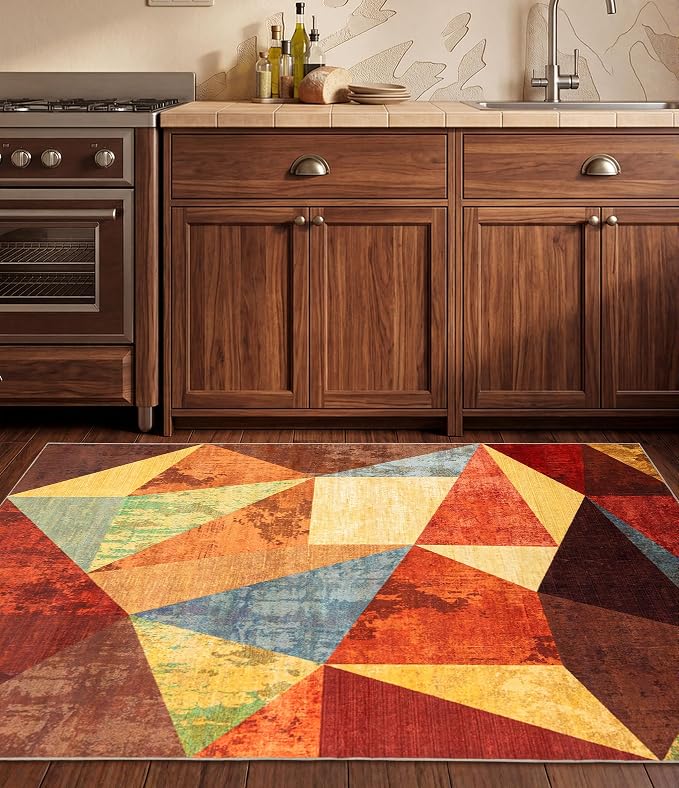 Brown Rustic Area Rugs 3x5,Geometric Burnt Orange Area Rug Non Slip,Farmhouse Rugs Washable,Burgundy Carpets for Bedroom, Boho Rug for Kitchen,Dining Room