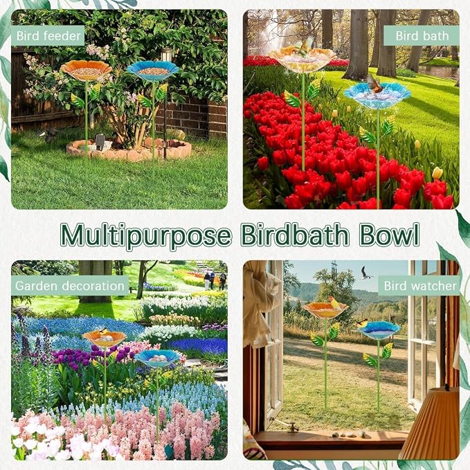 2 Pack Bird Baths for Outdoors, Colorful Metal Bird Bath for Outside, Hummingbird Bath with Five Stakes, Garden Flower Small Birdbath for Garden Decor, 31.3" H x 10.63" Dia (Blue,Yellow)