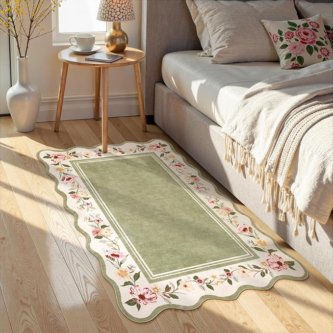 Lahome Floral 2x3 Rug, Green Kitchen Rugs Ultra-Thin Washable Scalloped Bathroom Rug Indoor Mats for Entryway Non-Slip, Boho Stain Resistant Small Throw Rugs for Bedroom Ariele（Green）
