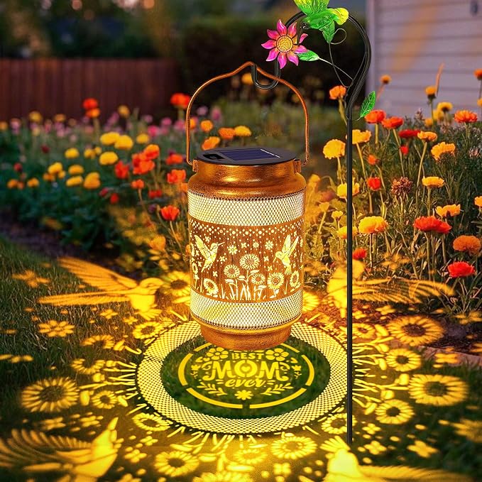 Gifts for Mom, Solar Lanterns Outdoor, Mother Birthday Gift from Daughter Son, Metal Solar Hanging Hummingbird Lights with Shepherd Hook for Outside Garden Yard Patio Pathway