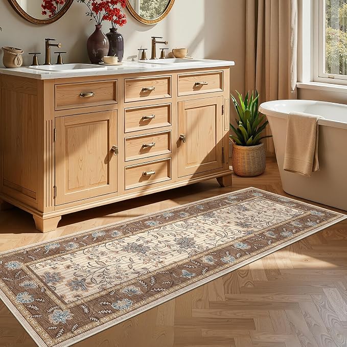 GarveeHome 2x6 Washable Runner Rug Brown Non Slip Kitchen Runner | Hallway Soft Botanical Floral Farmhouse Laundry Mat Stain Resistant Carpet for Bedroom Bathroom Bedside Rug