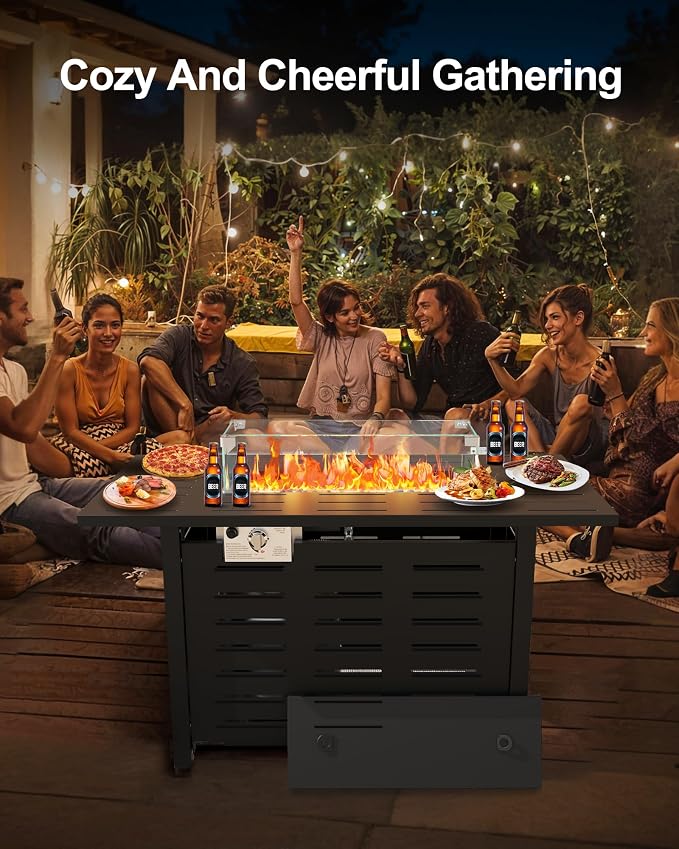 Hipicute 44" Outdoor Propane Fire Pit Table, 48,000 Btu Lp Gas Rectangular Fire Table with Ignition Systems and Lid,Outdoor Firetable with Glass Rocks for Patio Deck Garden Backyard