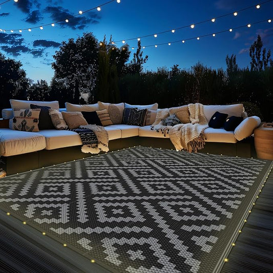 GENIMO Outdoor Rug with LED Strip Lights, 9'x12' Waterproof Camping Mat, Reversible Plastic Straw Rugs for Patio, RV, Camper, Balcony, Backyard, Picnic, Deck, Black & Gray