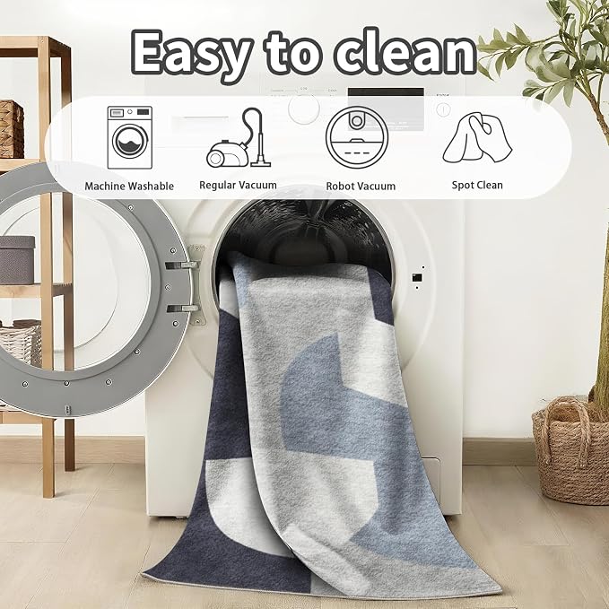 8x10 Modern Geometric Area Rug for Living Room, Washable Rug Blue Grey | 8x10 Modern Geometric Pattern Large Rug for Dining Room Bedroom, Non Slip Low Pile Soft Lightweight Rug Home Decor