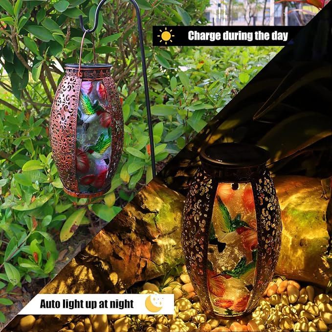 Solar Lanterns Outdoor Light Waterproof Hummingbird Garden Glass Decor Light Gifts for Women Mom Grandma Hanging Solar Decoration Lights Metal Outside for Yard, Backyard, Patio