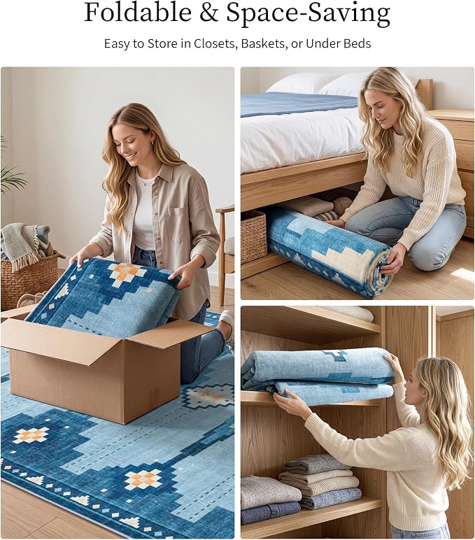 2'x8' Non-Slip Kitchen Runner Rug, Blue Geometric Mid Century Modern Rug | Washable, Low Pile, Soft, Coastal Aztec Design, for Entryway Hallway Bedroom, Stain Resistant, Pet Friendly, Low-Shed