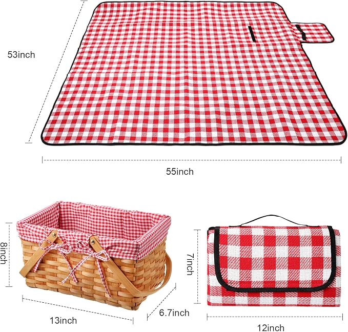 Patelai Wicker Picnic Basket Natural Hand Woven Basket with Double Folding Handles, Willow Hamper Baskets with Blanket for Outdoor Picnic Summer Spring Camp Family(Red and White Grid)
