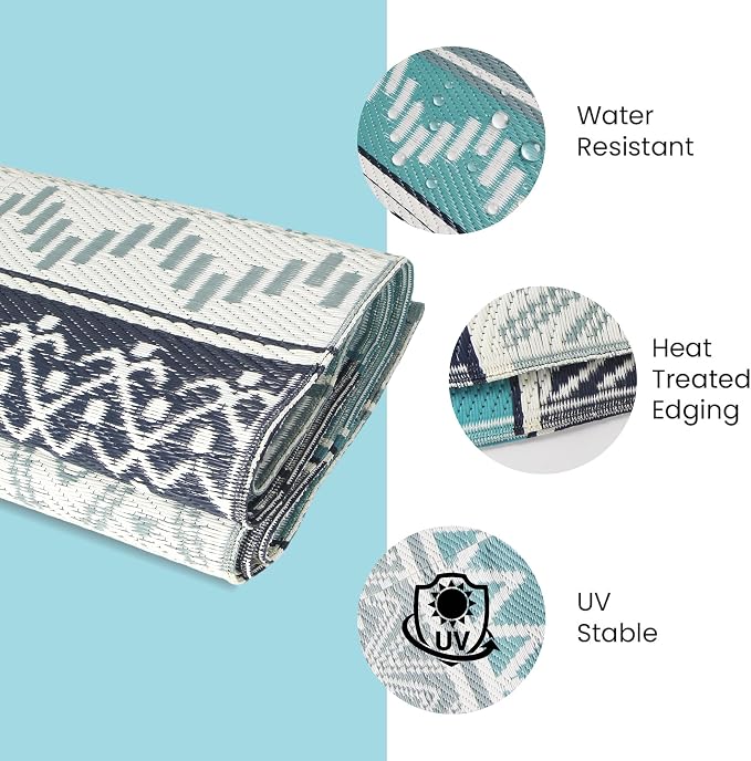Outdoor Rug Waterproof 5 x 8 ft, Reversible Plastic Straw Rug for Patio, Large Outdoor Carpet for RV, Patio, Camping, Backyard, Deck, Picnic, Beach, Blue & Grey