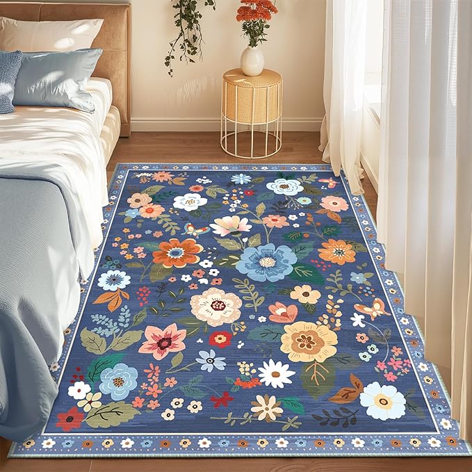 RELEANY Floral Washable 4x6 Area Rugs Blue/Grey | Flower Carpet, Print, Boho, Non-Slip, Easy to Clean, Soft, Low Pile for Living Room Bedroom Kitchen Office Entryway Hallway