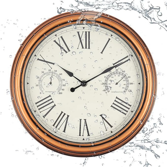 12 inch Outdoor Wall Clock, Plastic Waterproof Wall Clock with Temperature & Humidity for Patio Garden Home