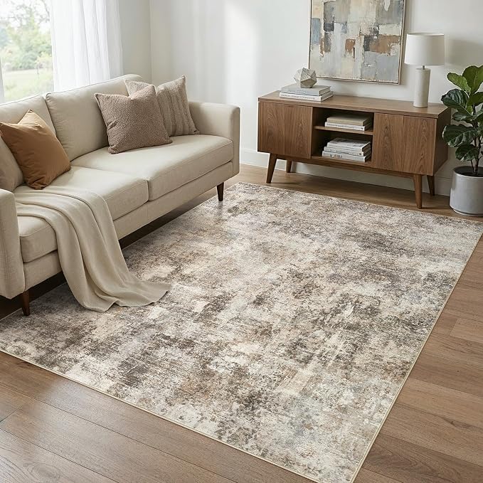 6x9 Area Rug Washable Abstract Rugs for Living Room Dark Brown | for Bedroom, Dining Room, Office, Nursery, Soft Neutral, Low Pile Non-Slip, Kid Pet Friendly, Large Indoor Carpet, Home Decor