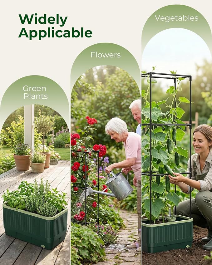 Raised Garden Bed Planter Box with Trellis, Self Watering Tomato Planters for Climbing Plants, Tomato Cage Trellis for Vegetables & Vine Flowers Indoor Outdoor Patio
