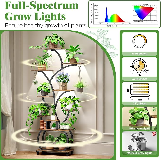 Plant Stand with Grow Lights 2-Pack, 61" Tall Indoor Plant Shelf with Multi-Color Full Spectrum LED Lights and 360° Lockable Wheels, 10-Tier Tree-Shaped Decorative Plant Rack Set of 2, for Living Room, Balcony & Office, Black and Brown