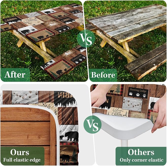 Picnic Table Cover with Bench Covers Elastic Edges, Vintage Camper Fitted Table Cover, Outdoor Patio Camping Essentials 72 Inch 3PCS, Waterproof Camping Fitted Tablecloth with Drawstring Bag