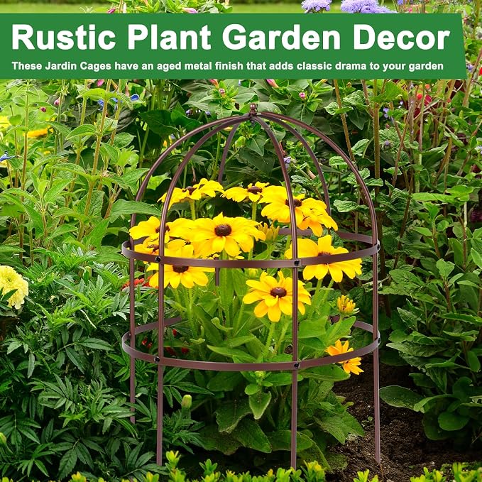 1 Pcs Jardin Bird Cage Plant Support 24" H Large Sturdy Grow-Through Flower Support Peony Cage Climbing Plant Support Trellis Sculptural Garden Decor for Perennial Flowers (Vintage Gold)