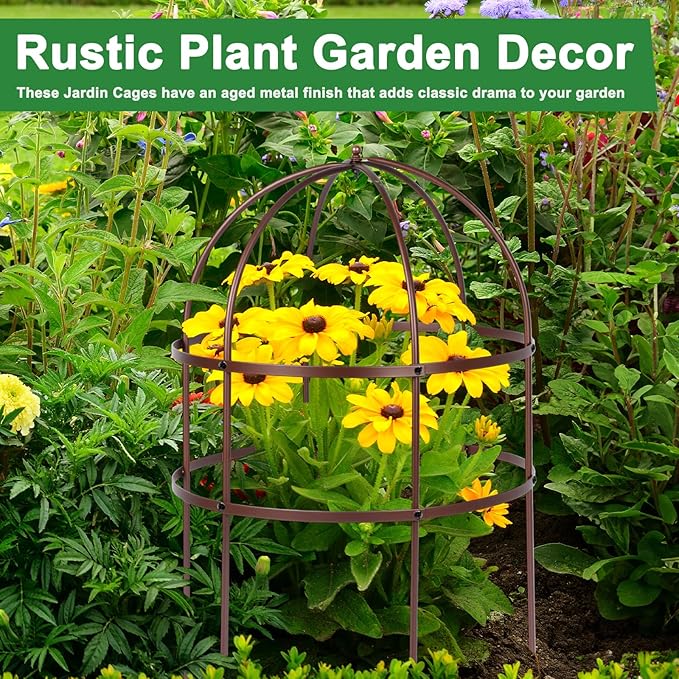 4 Pcs Jardin Bird Cage Plant Support 24" H Large Sturdy Grow-Through Flower Support Peony Cage Climbing Plant Support Trellis Sculptural Garden Decor for Perennial Flowers (Vintage Gold)