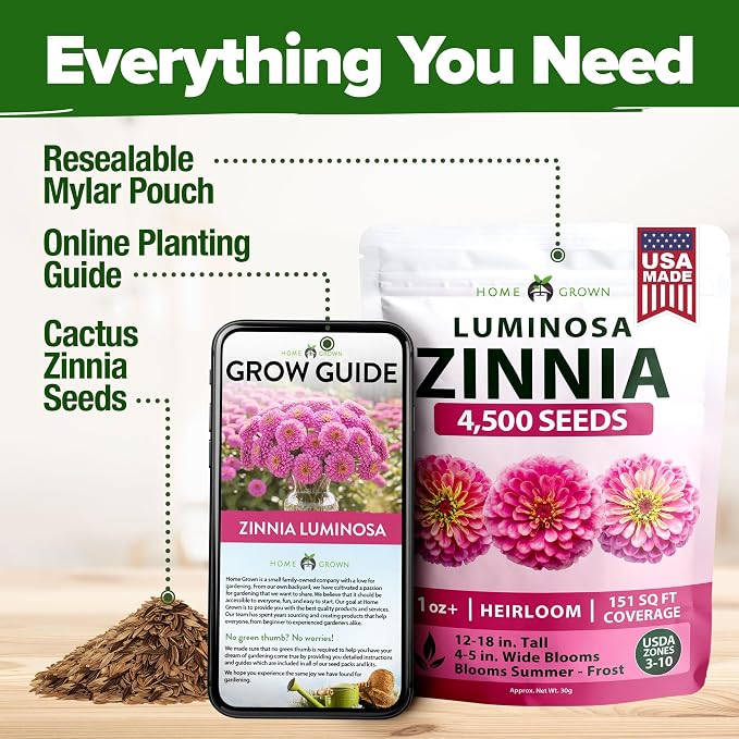 HOME GROWN Pink Zinnia Seeds – 4,500 Luminosa Zinnias, Easy to Grow Annual Flower Seeds for Planting Outdoors for 2026, Fast Blooming, Heat Tolerant Herb Seed Garden Companion (Zinnia elegans)