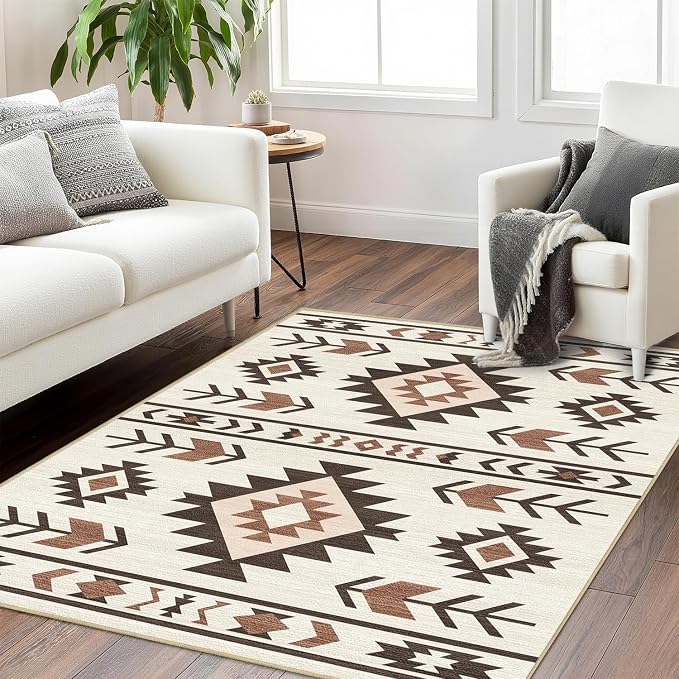 Western Area Rug 4x6 for Living Room, Southwestern Aztec Tribal Area Rugs Southwest Navajo Machine Washable Rug Non-Slip Printed Low-Pile Floor Carpet for Bedroom Dining Room Office, Beige