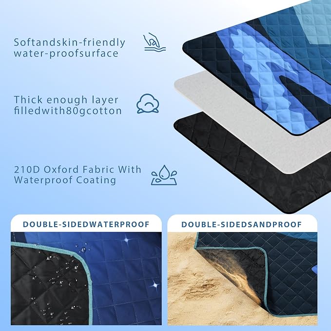 Tirrinia Picnic Blanket Waterproof, 70"x80" Extra Large Outdoor Blanket Waterproof, 3-Layer Foldable Picnic Mat with Sandproof Backing for Beach, Camping, Hiking, Park, Travel