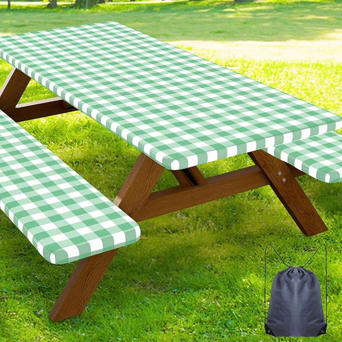 Smiry Picnic Table Cover with Bench Covers, Waterproof Elastic Fitted Tablecloths for 6 Foot Rectangle Tables, Washable Buffalo Plaid Tablecloth for Camping, Outdoor (Sage Green & White, 30"x72")