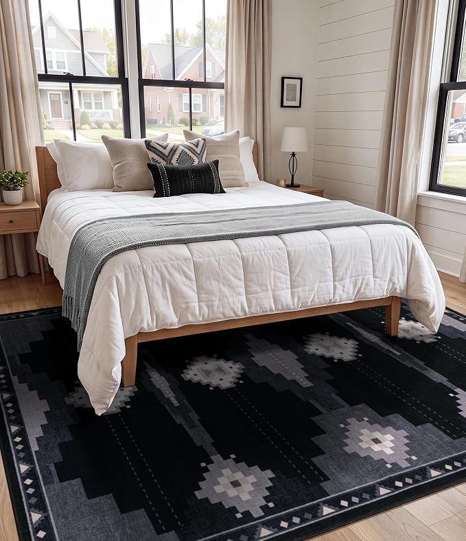 5'x7' Washable Area Rug for Living Room, Black and Grey Western Aztec Rug | Soft, Non-Slip, Southwestern Geometric Design, for Boy Bedroom Dining Room Playroom, Low Pile, Pet Friendly, Stain Resistant