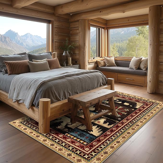 LOKHOM 4x6 Rustic Cabin Area Rug, Washable Western Lodge Bear Entryway Rug | Bear Pattern, Non-Slip, Low Pile, Soft Floor Carpet, Vintage Wildlife Accent, For Living Room Bedroom Nursery