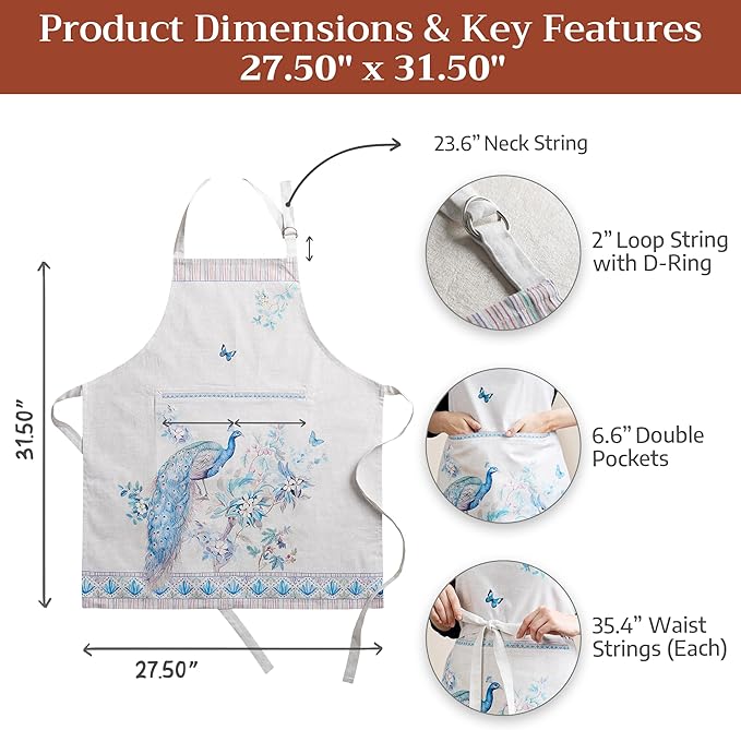 Maison d' Hermine Aprons for women with Pocket 100% Cotton (27.50"x31.50") | Adjustable Neck Strap & long ties Apron Men Chef Wedding Cooking Gardening Server Maid