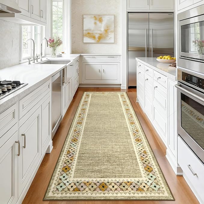 Garvee 2x6 Tribal Border Kitchen Rugs Washable Rugs for Hallway, Linen | Floral Border Area Rug Stain Resistant Easy Cleaning Throw Rugs Low Pile Floor Cover for Bedroom Laundry