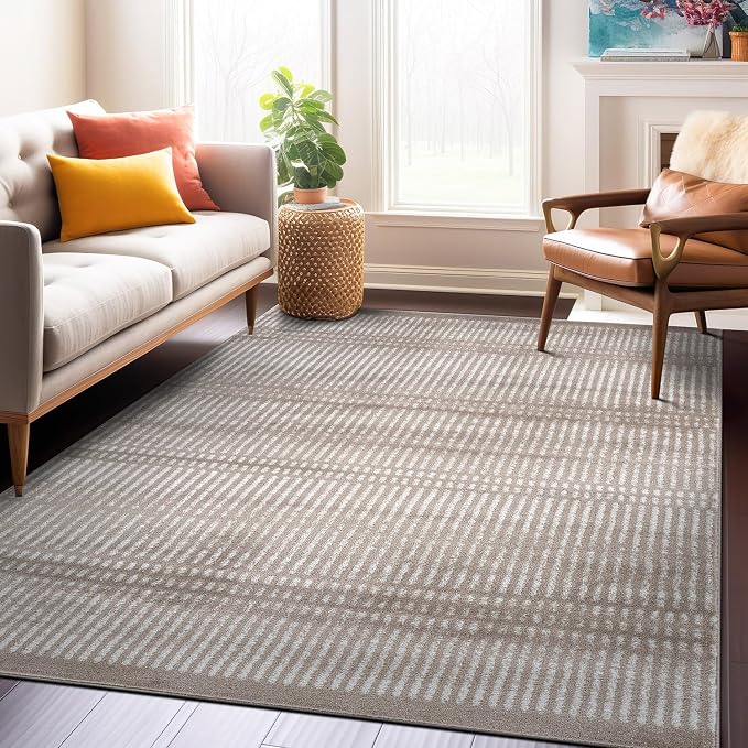 Rugshop Contemporary Stripe Lines High Traffic Area Rug Beige 5' x 7' | Rectangular, Size 5' x 7', Living Room, Bedroom, Dining Room, Home Office, Kitchen, Entryway, Hallway, Nursery, Kids Room