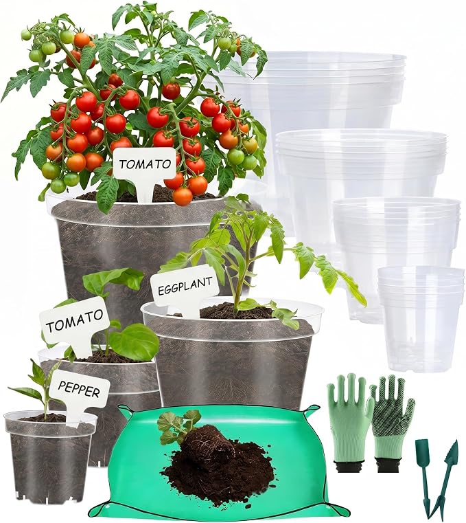 10/8/6/4 Inch Sizes Large Clear Nursery Pots with Drainage -16 Pack Plastic Plant Pots with Garden Tools & Labels, Seedling Pots for Transplanting Succulents Flowers Herb Vegetables