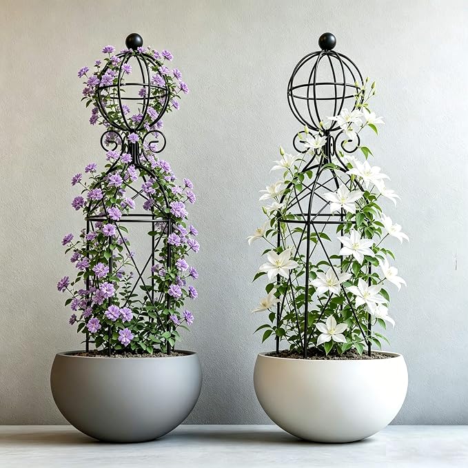 2-Pack Metal Garden Obelisk Trellis, 28" Geometric Sphere Plant Support | Tool-free assembly; fits 9–12in planters, metal obelisk for roses clematis mandevilla vines, 2-pack black outdoor décor