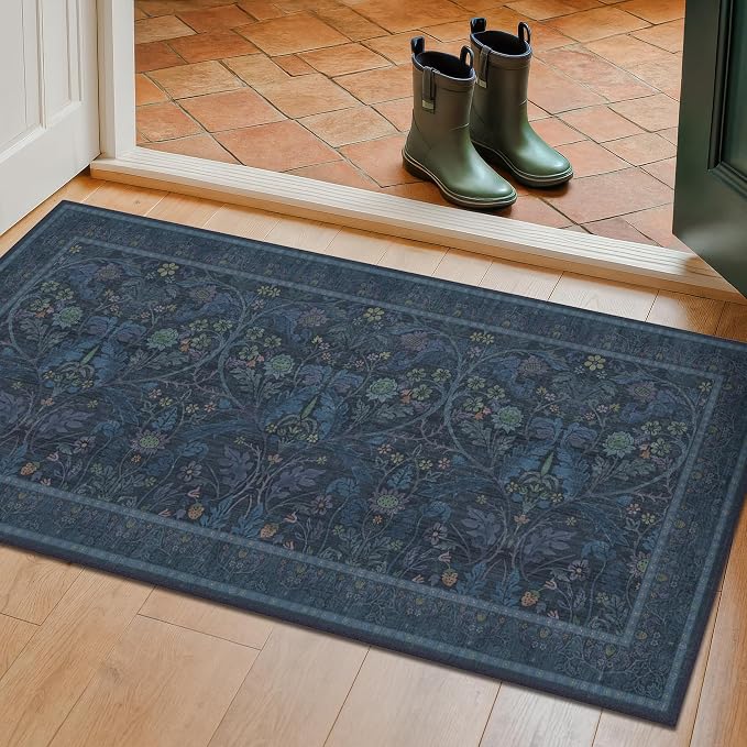 Washable 2x4 Entryway Rugs, Oriental Floral Small Blue Kitchen Rugs, Thin Bathroom Rugs Fit Under Door, Low Pile & Soft Carpet for Mudroom, Bedside