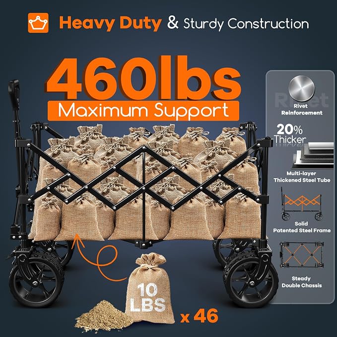 Originsure 220L Collapsible Wagon Cart Foldable, 460lbs Load Capacity Heavy Duty Folding Beach Wagons with Big All-Terrain Wheels, Utility Carts for Groceries, Shopping, Camping, Sports - Green