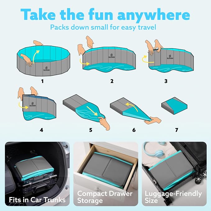 SLOOSH Foldable Dog Kiddie Pool - Portable Hard Plastic Doggie Swimming Pool, Anti-Slip Collapsible Pets Bath Tub Suitable for Kids Toddler Indoor Outdoor Backyard Use (Gray, 71" x 12")