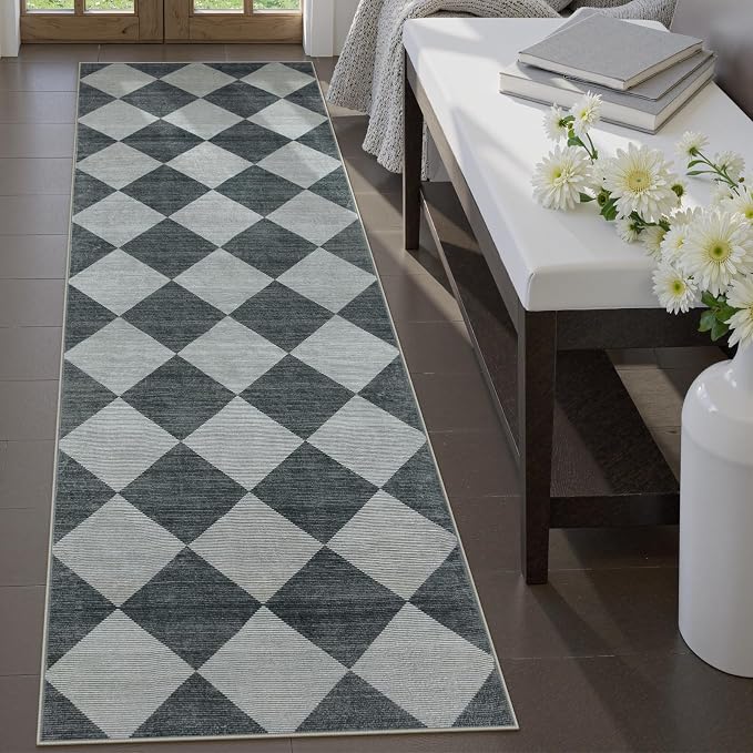 Beeiva Checkered Print Hallway Runner Rug 2.5x8, Ultra Thin Kitchen Runner Rugs Non Skid Washable 8ft, Moroccan Plaid Design Floor Carpet for Entryway Bedroom Bedroom, Gingham Geometric Home Decor
