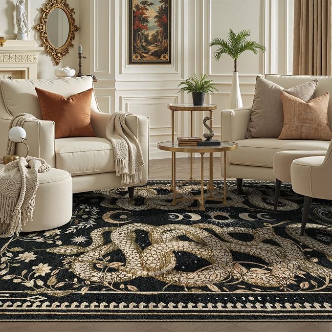 DCX 6x9 Washable Snake Rug for Living Room, Non Slip Low Pile Rug, Black | Rugs for living rooms, bedroom, dining room, office, soft, gothic rug, sain resistant indoor carpet, home decor