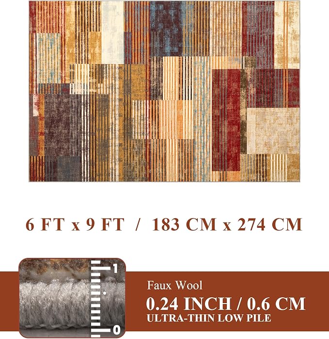 Brown Area Rug 6x9, Farmhouse Rugs Washable,Vintage Burgundy Carpets for Bedroom,Burnt Orange Area Rug Non Slip,Geometric Boho Rug for Kitchen,Dining Room