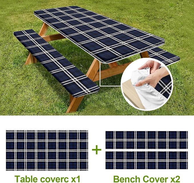 Picnic Table Cover with Bench Covers Set of 3 - Classic Checkered Navy Blue Plaid Tablecloth, Elastic Fitted for 6 Ft Tables, Washable Polyester Cover for Camping, Indoor & Outdoor