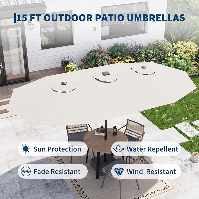 Garvee 15FT Rectangular Patio Umbrella with Solar Lights & Base Included - Large Patio Umbrella with Crank Handle 48 LED Lights, UV Protection for Outdoor Market, Backyard, Deck, Poolside, Lvory