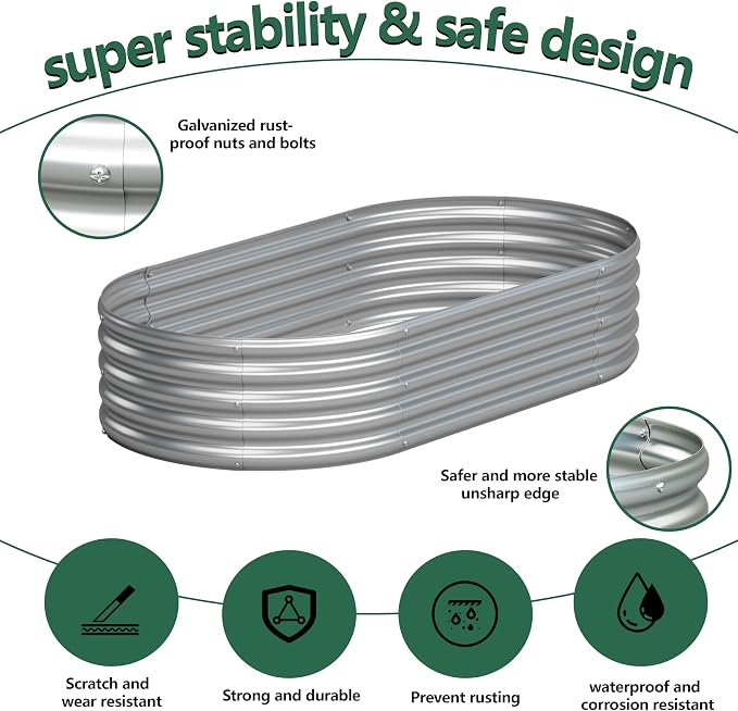 Galvanized Raised Garden Bed Outdoor, 4x1.5x1ft Metal Heavy Duty Planter Boxes for Gardening, Easy Assemble Bottomless Small Oval Plant Container Kit for Vegetable, Flower, Fruit, Silver