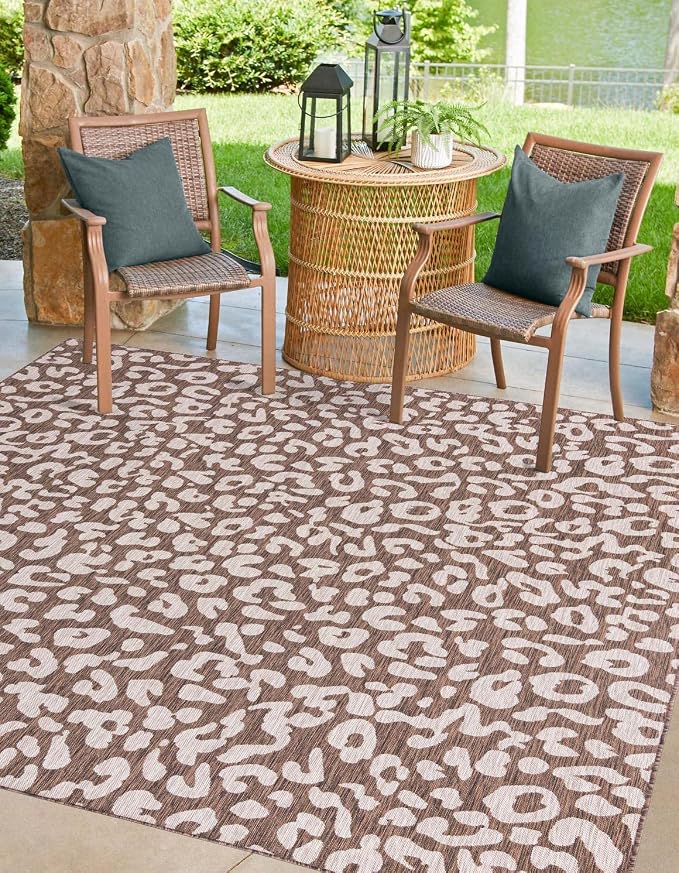 Unique Loom Outdoor Safari Collection Area Rug - Leopard (13' Square, Brown/ Light Brown)
