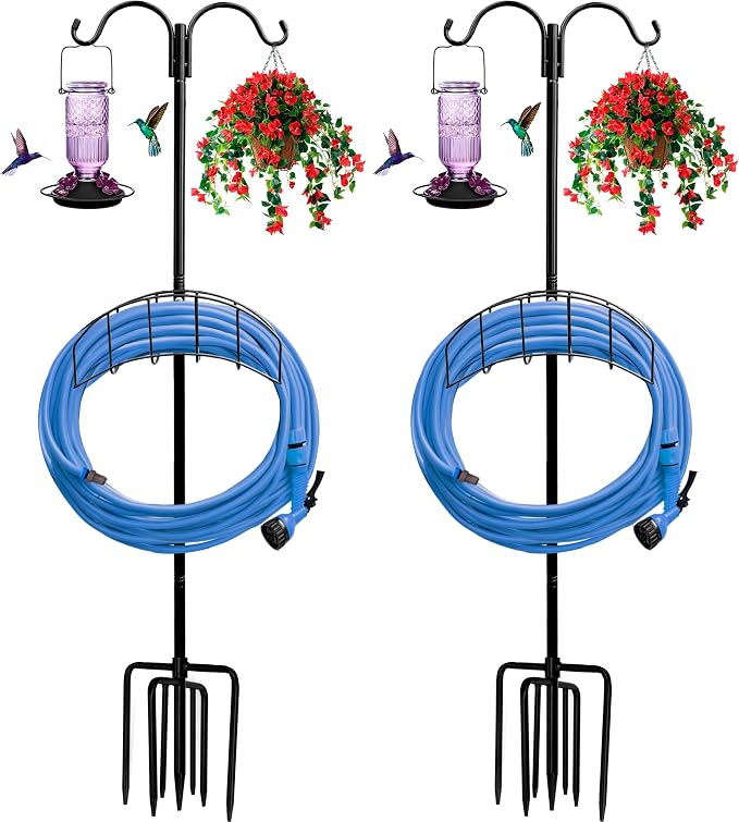 Garden Hose Holder 2 Pack with 7 Prong Base and Dual Shepherd Hooks | Water Hose Holders for 150 Feet Hose, Detachable Hose Storage Hanger for Outside Lawn Yard