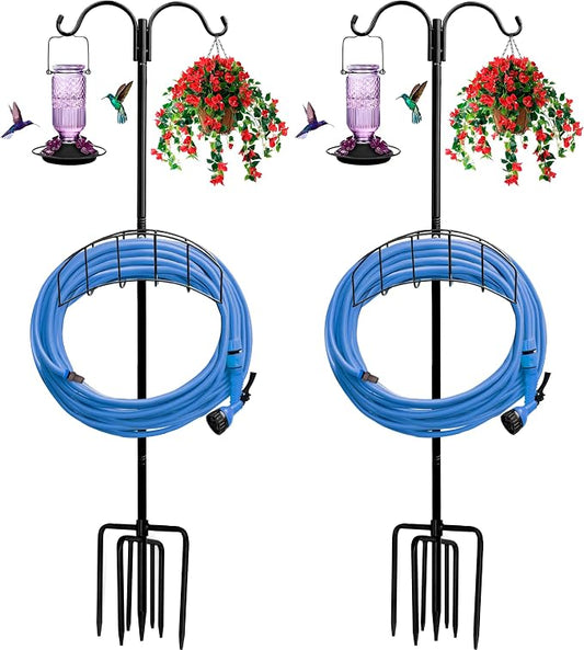 Garden Hose Holder 2 Pack with 7 Prong Base and Dual Shepherd Hooks | Water Hose Holders for 150 Feet Hose, Detachable Hose Storage Hanger for Outside Lawn Yard