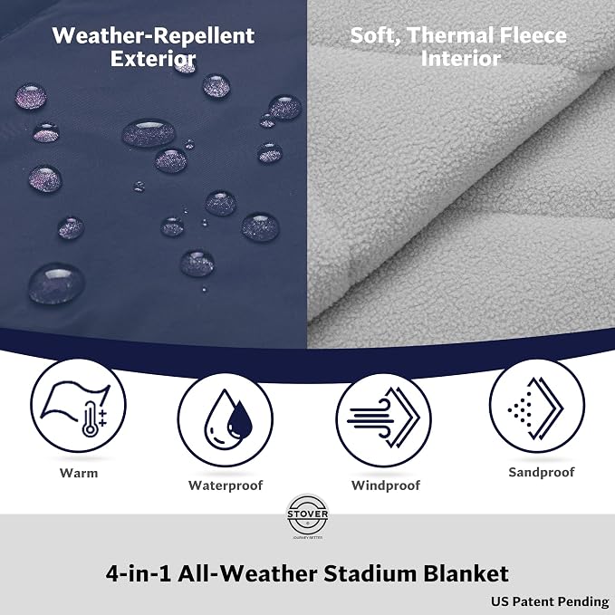 STOVER Large Waterproof Outdoor Stadium Blanket- Extra Thick Soft Fleece Camping Blanket for Travel, Picnics, Sports, Dogs 79"x55", Warm, Windproof, Sand-Proof, Lightweight, Packable (Victory Blue)