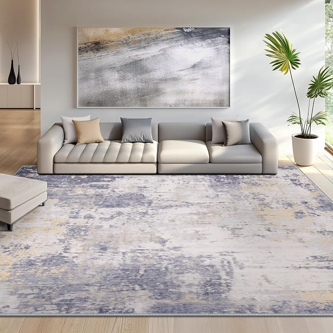 RELEANY Washable 6'x9' Abstract Area Rug for Living Room Gray Yellow | Carpet for Bedroom, Kitchen, Office, Hallway and Entryway, Printed Pattern, Non‑Slip, Soft, Stain‑Resistant, Easy to Clean