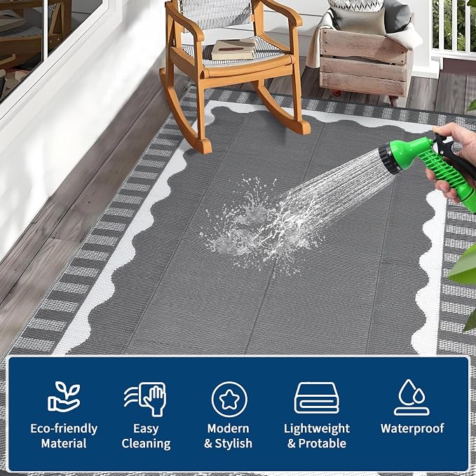 Garvee Large Scalloped Outdoor Rug 8x10 Patio Rugs Outdoor Waterproof, Reversible Plastic Straw Camping Rug, Modern Bordered Outside Mats for Picnic Backyard Deck Balcony Beach Trailer, Grey